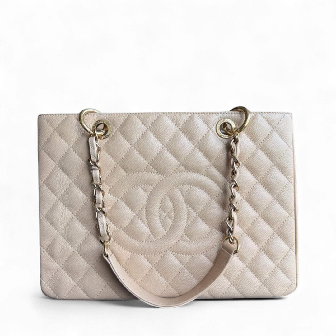 Chanel GST Grand Shopping Tote - Caviar Grained Beige Gold Tote Bag