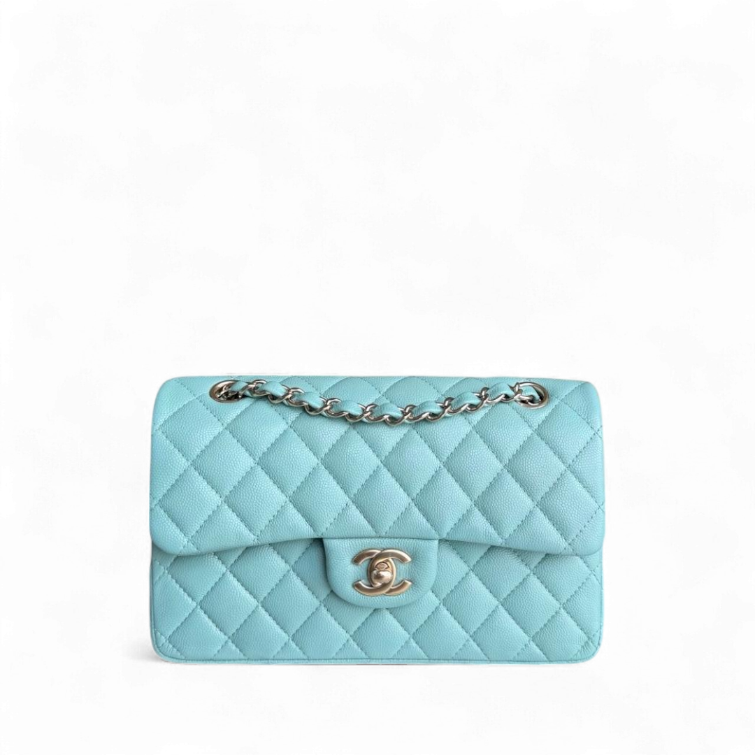 Chanel Classic Flap Small - Caviar 23CM Quilted Grained Calfskin Light Blue Gold Hardware Series 29