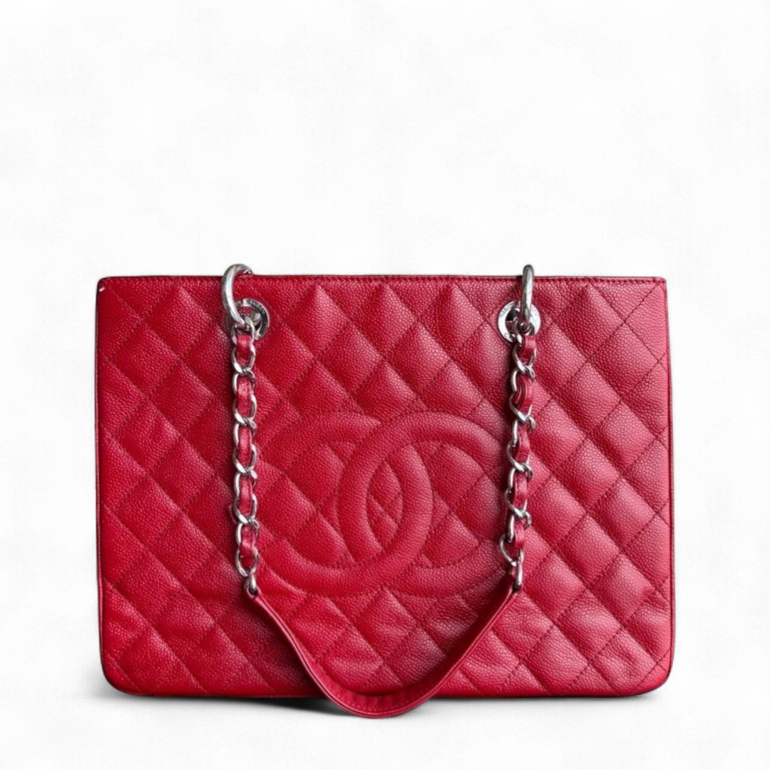 Chanel GST Grand Shopping Tote - Caviar Grained Quilted Red Tote Bag