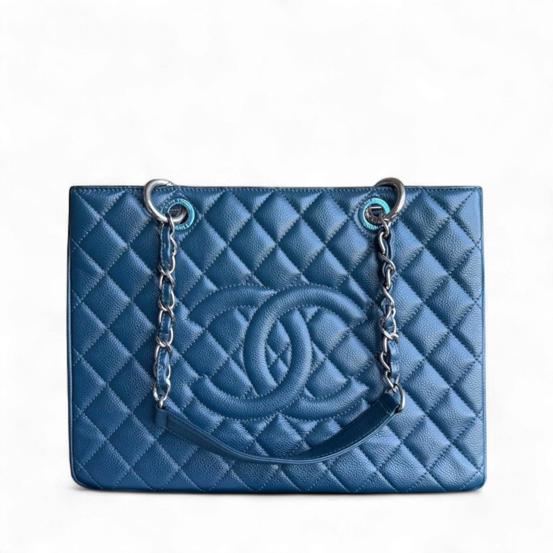 Chanel GST Grand Shopping Tote - Caviar Grained Quilted Blue Tote Bag