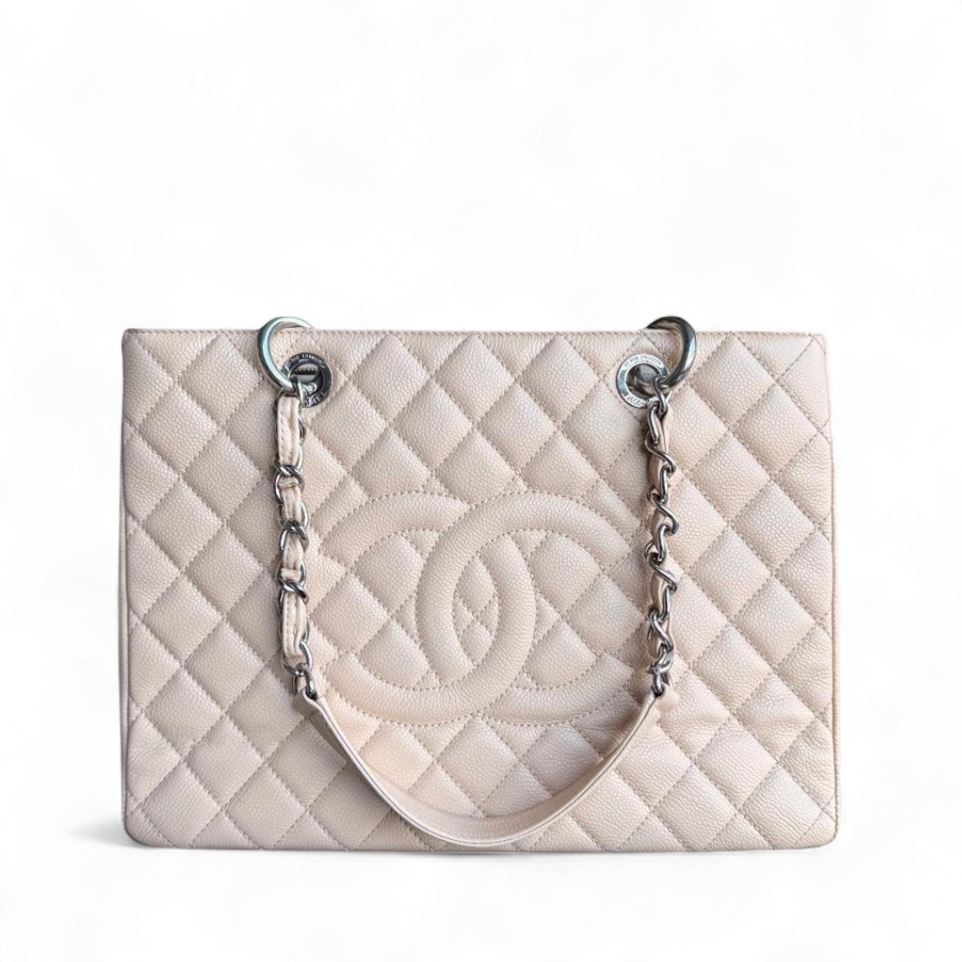 Chanel GST Grand Shopping Tote - Caviar Grained Quilted Beige Tote Bag