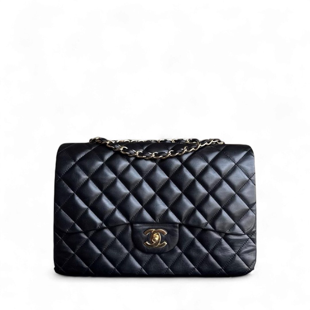 Chanel Classic Flap Jumbo - 30CM Single Flap Quilted Lambskin Black Gold Hardware