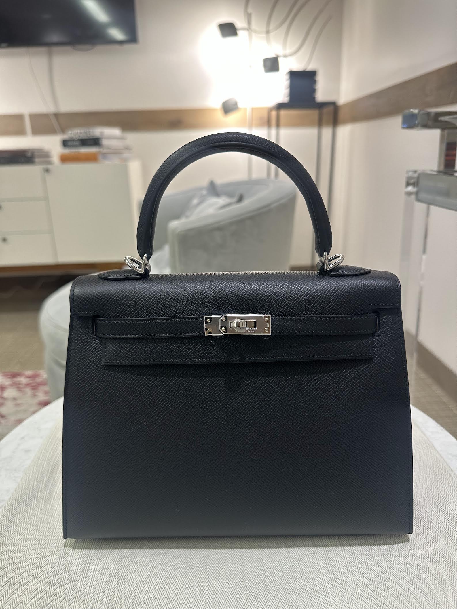 Hermes Kelly Sellier Epsom Palladium Hardware Handbag Black Travel Bag Hardware 8