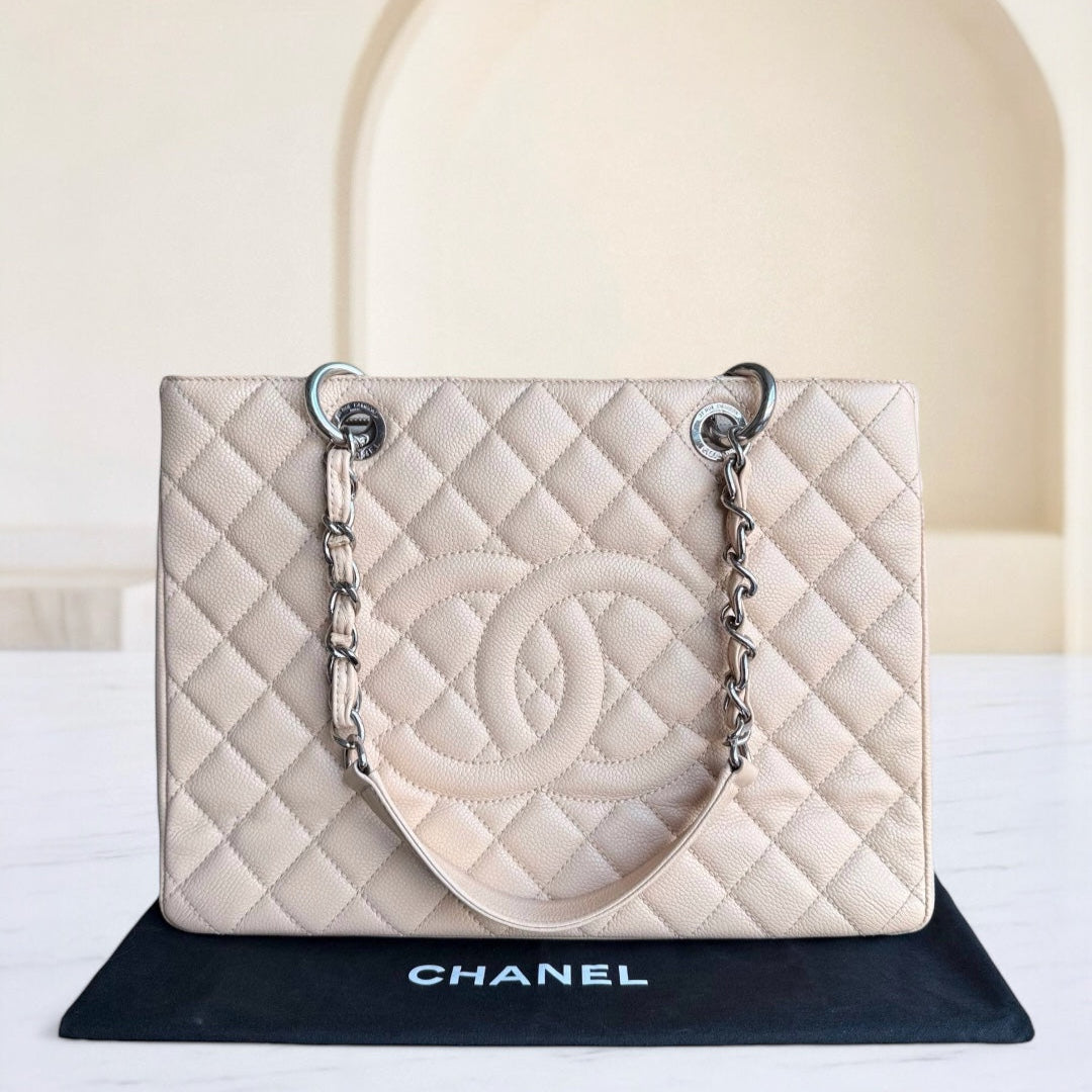 Chanel GST Grand Shopping Tote - Caviar Grained Quilted Beige Tote Bag