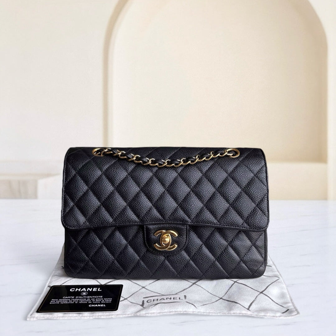 Chanel Classic Flap Medium - Caviar 25CM Quilted Grained Calfskin Black Gold Hardware Series 17