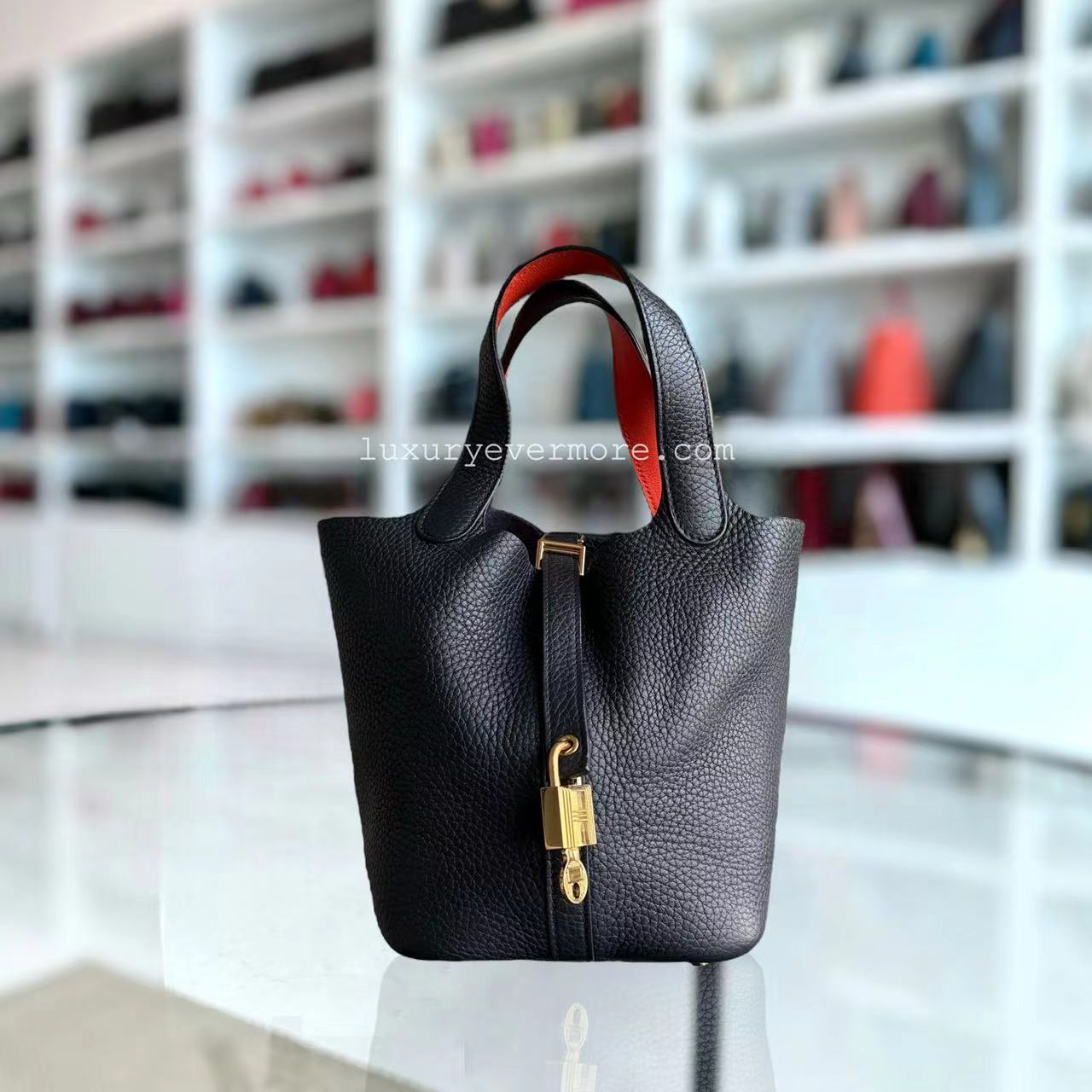 Hermes Picotin Stamp Clemence Midnight Hardware Handbag Blue Gold Travel Bag