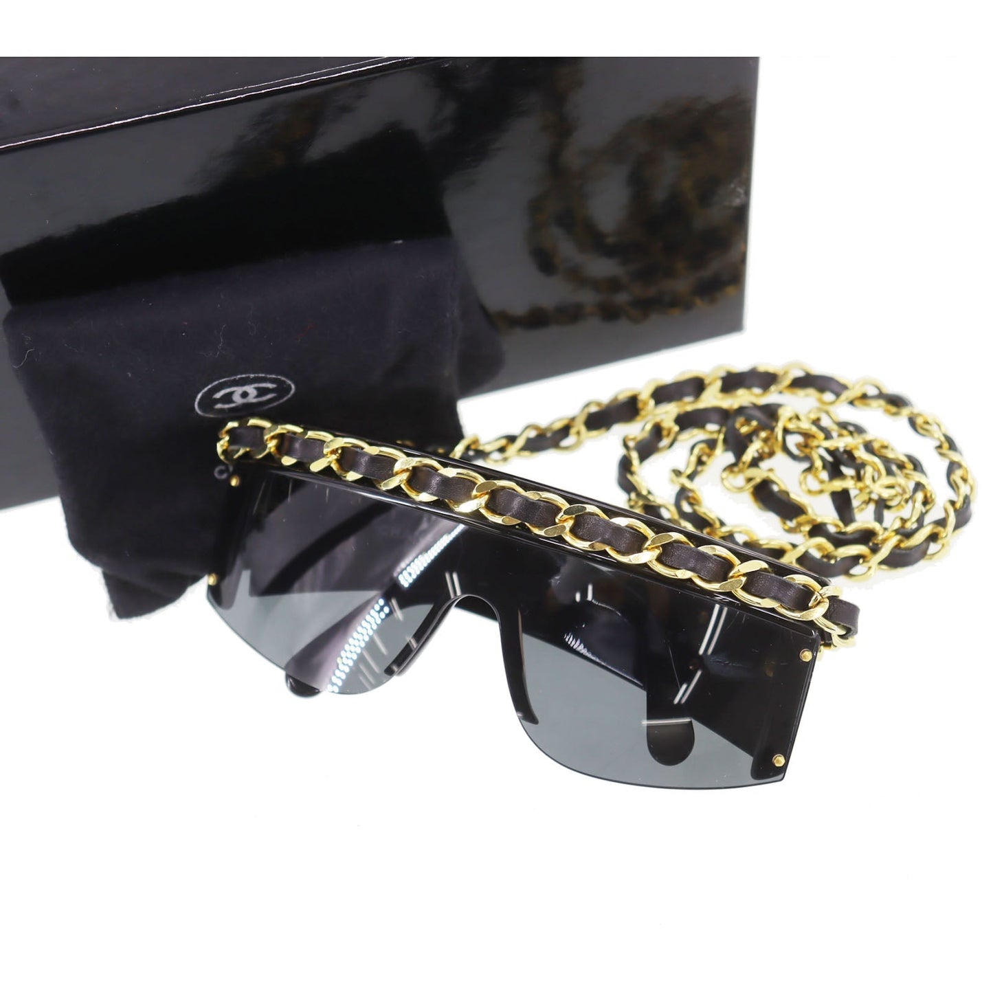 CHANEL Chain  Sunglasses Black Shield Eye Wear Italy #CW623