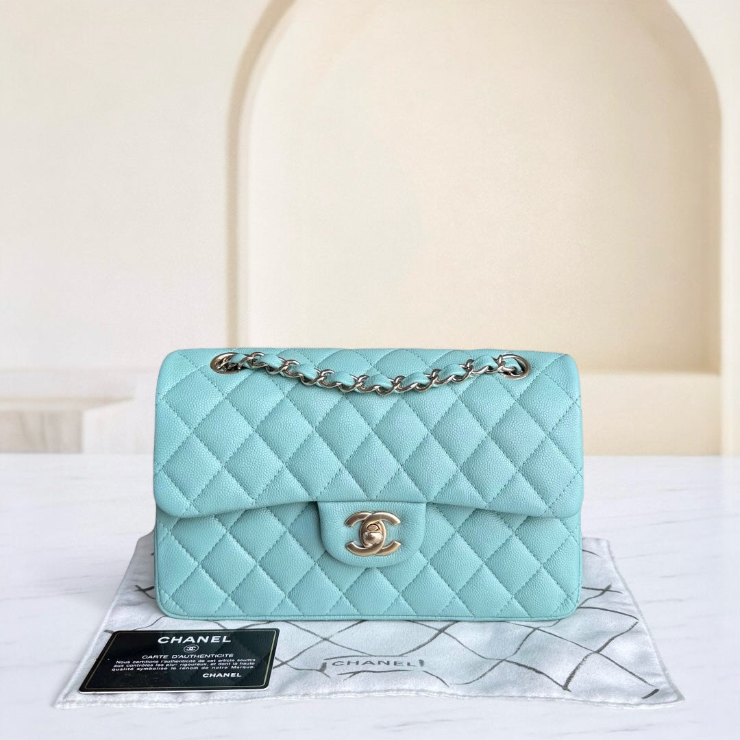 Chanel Classic Flap Small - Caviar 23CM Quilted Grained Calfskin Light Blue Gold Hardware Series 29
