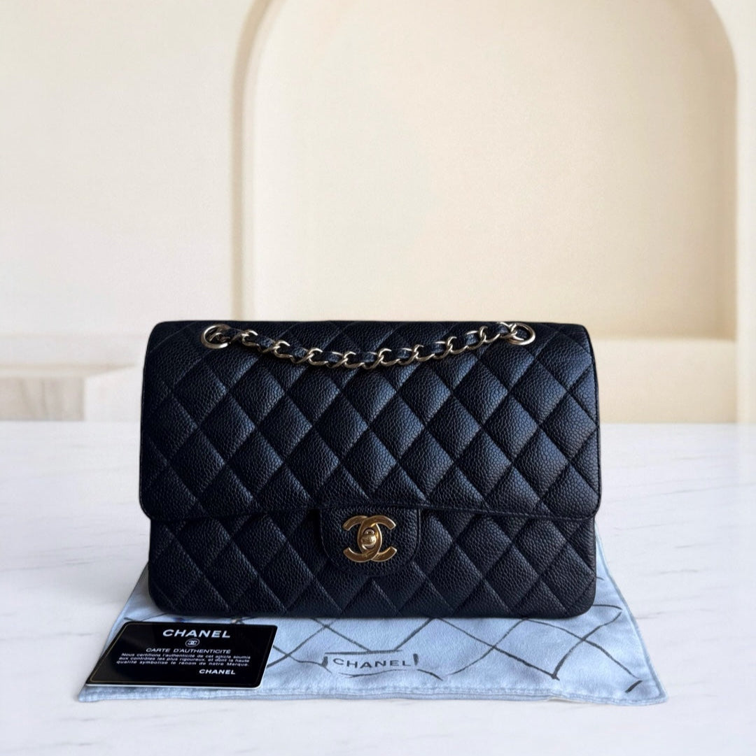 Chanel Classic Flap Medium - Caviar 25CM Quilted Grained Calfskin Black Gold Hardware Series 13