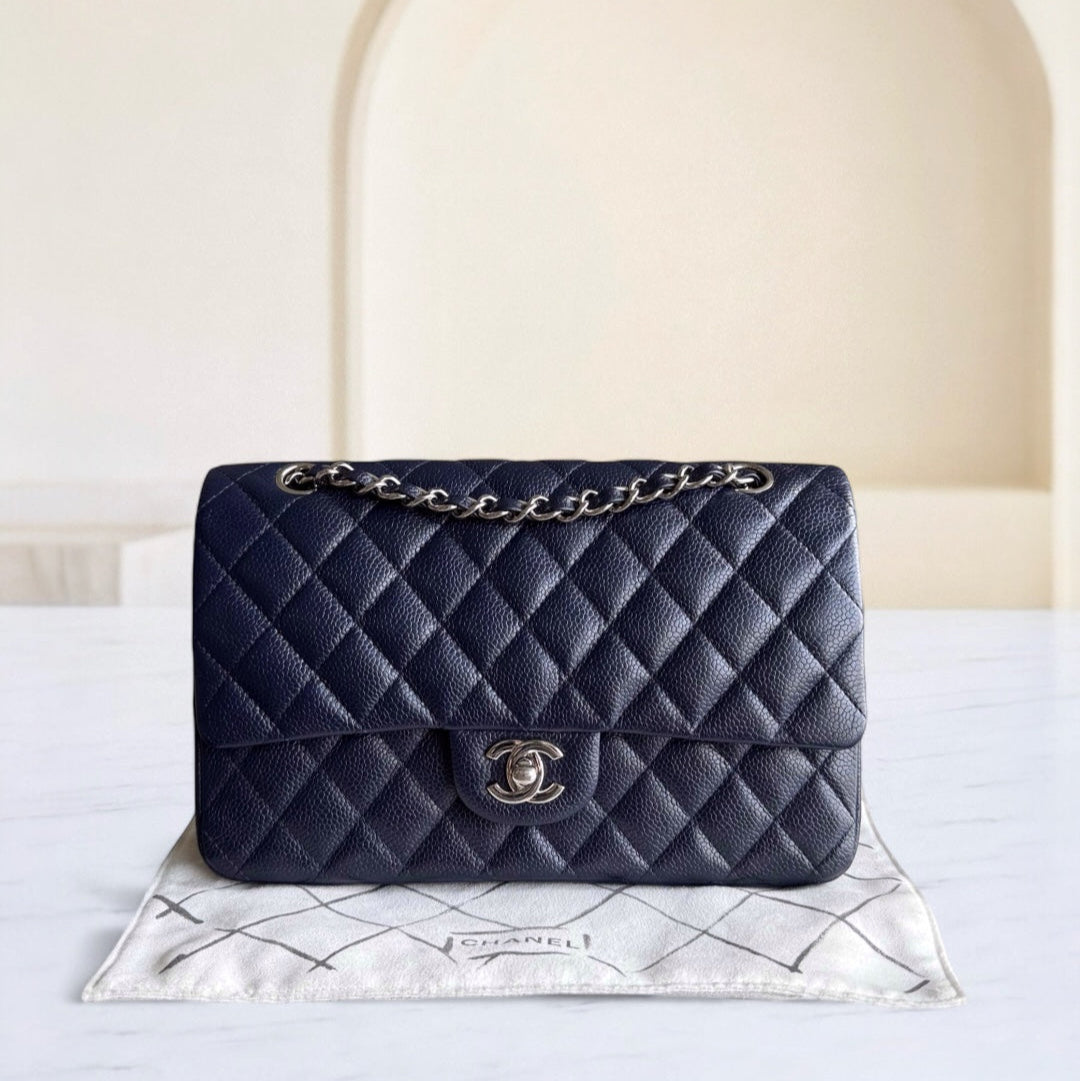 Chanel Classic Flap Medium - Caviar Quilted Grained Calfskin Dark Blue Silver Hardware Series 19