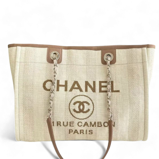 Chanel Deauville - 33CM Yellow Canvas Tote Silver Hardware 29