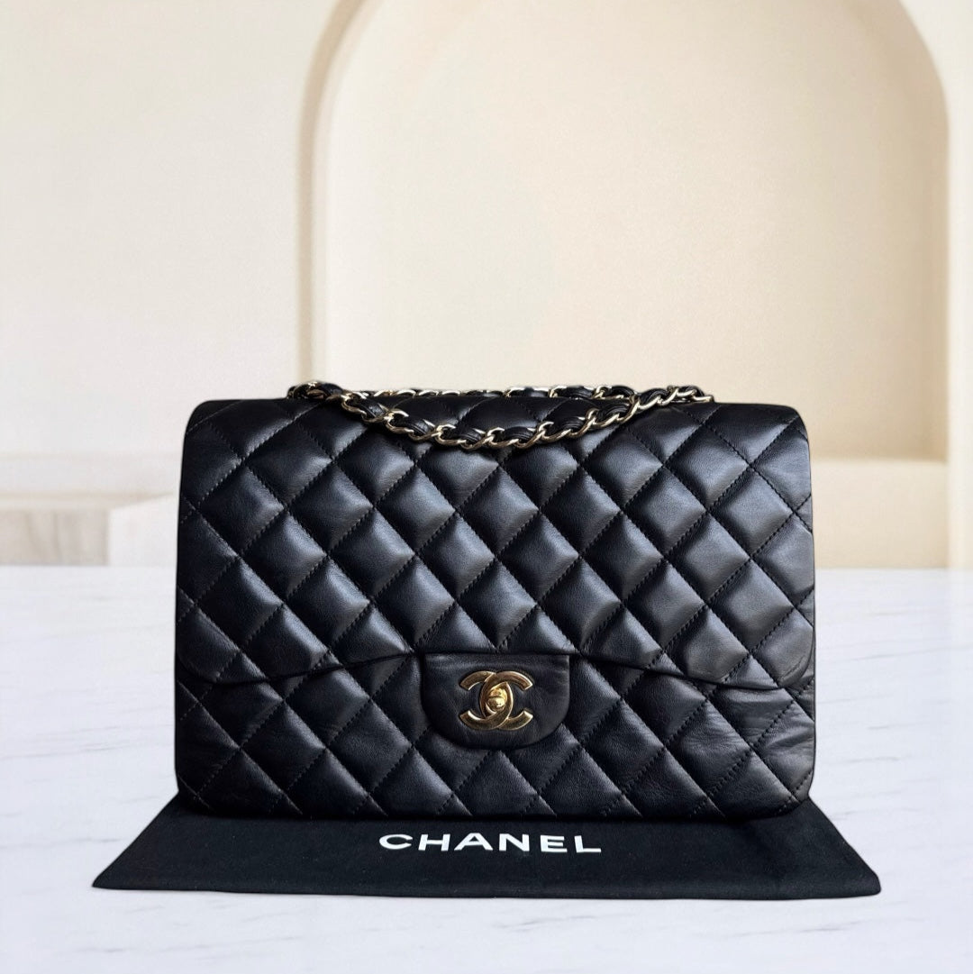 Chanel Classic Flap Jumbo - 30CM Single Flap Quilted Lambskin Black Gold Hardware