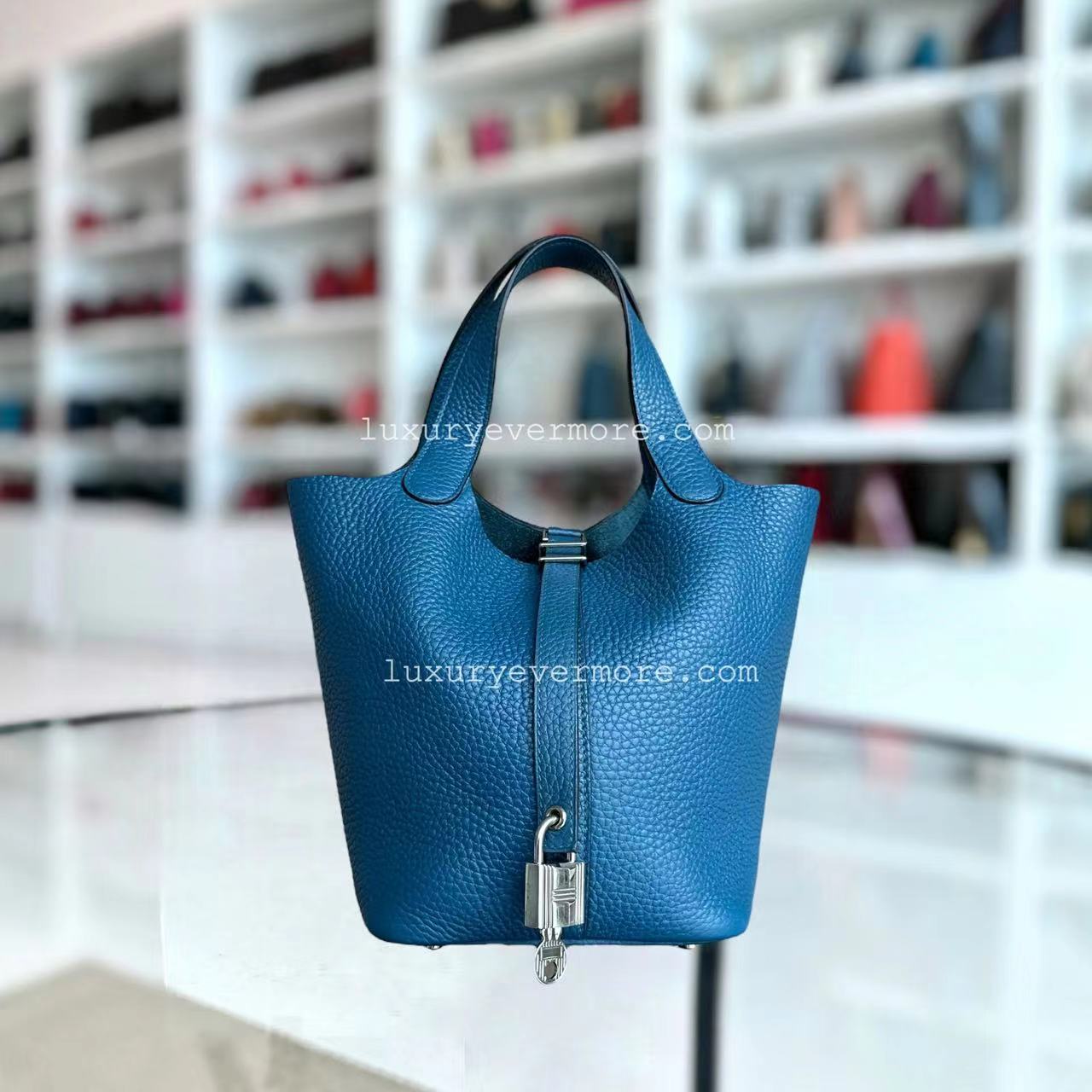 Hermes Picotin Square Stamp Hardware Handbag Blue Silver Travel Bag