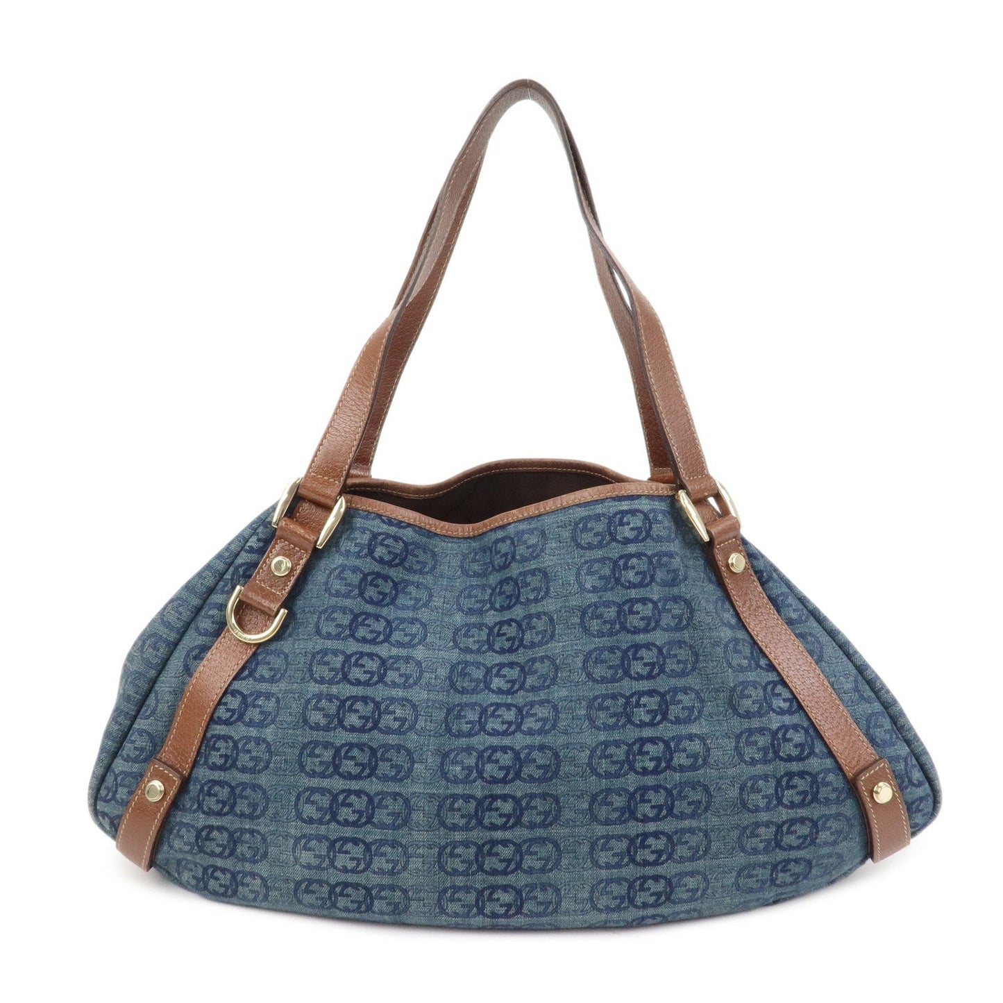 GUCCI Abbey Logo GG Denim Leather Tote Hand Bag Blue Brown 130736