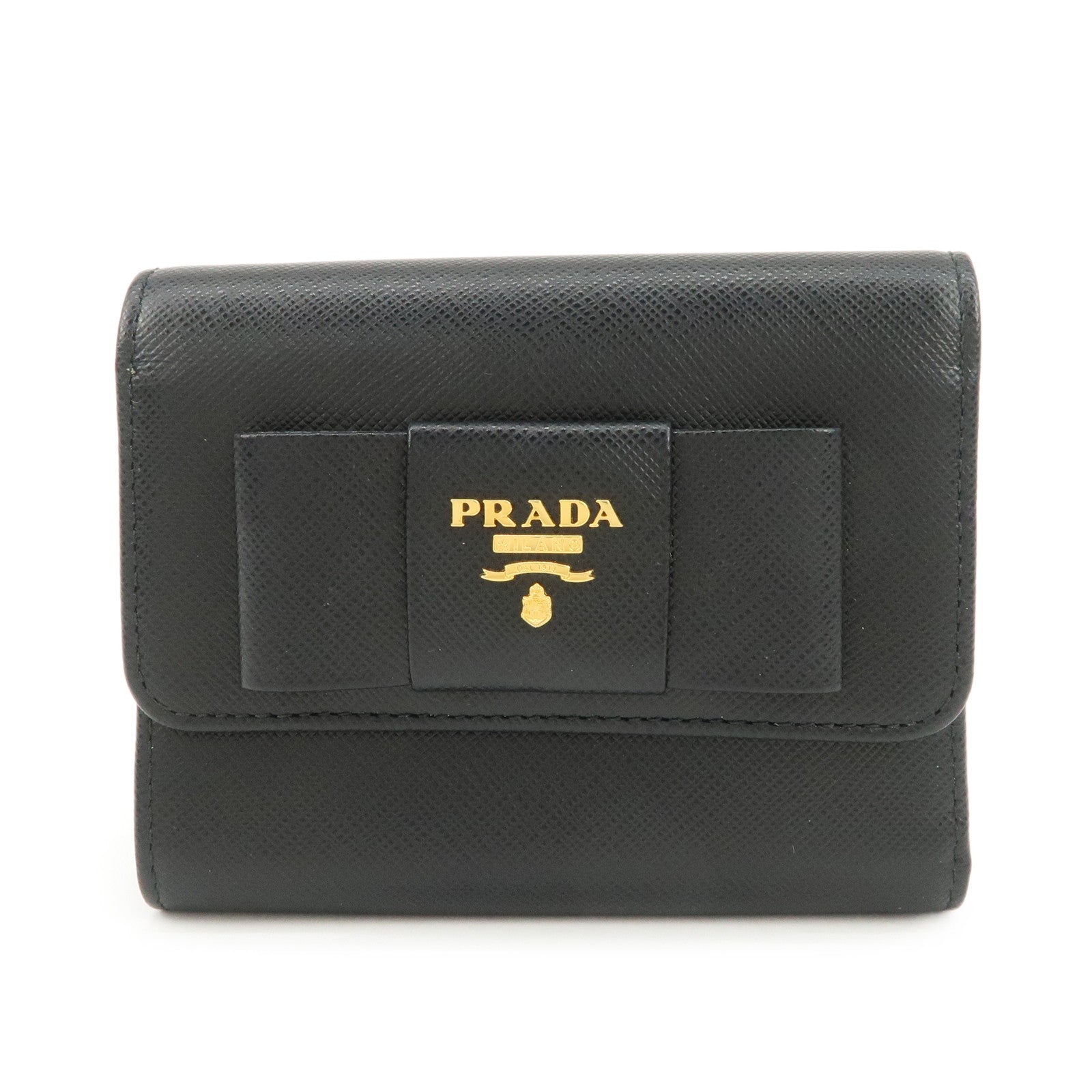 Ribbon Tri-fold Wallet d Leather Black Handbag