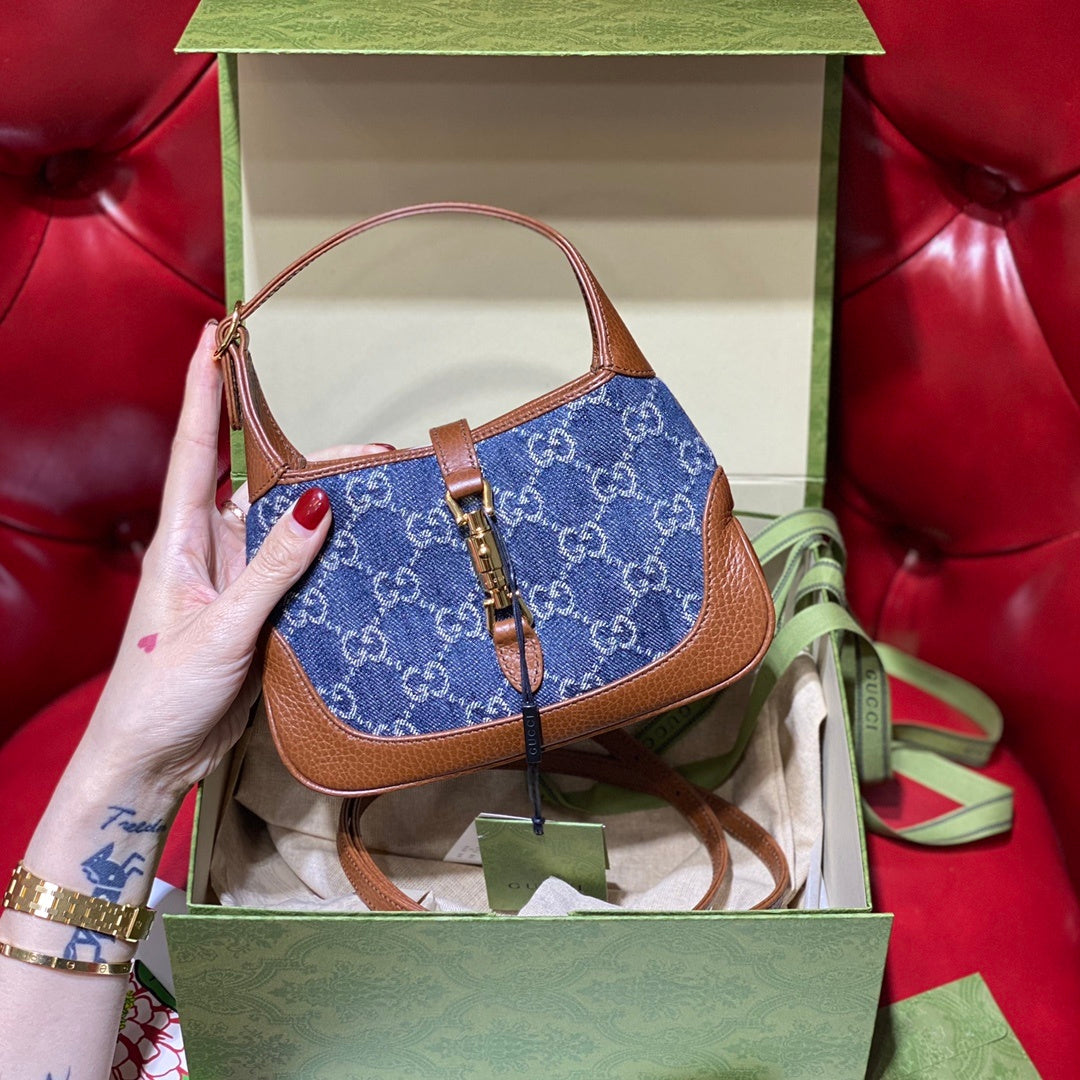 gg Jackie Dark Ivory Eco Denim Blue Mini Shoulder Bag