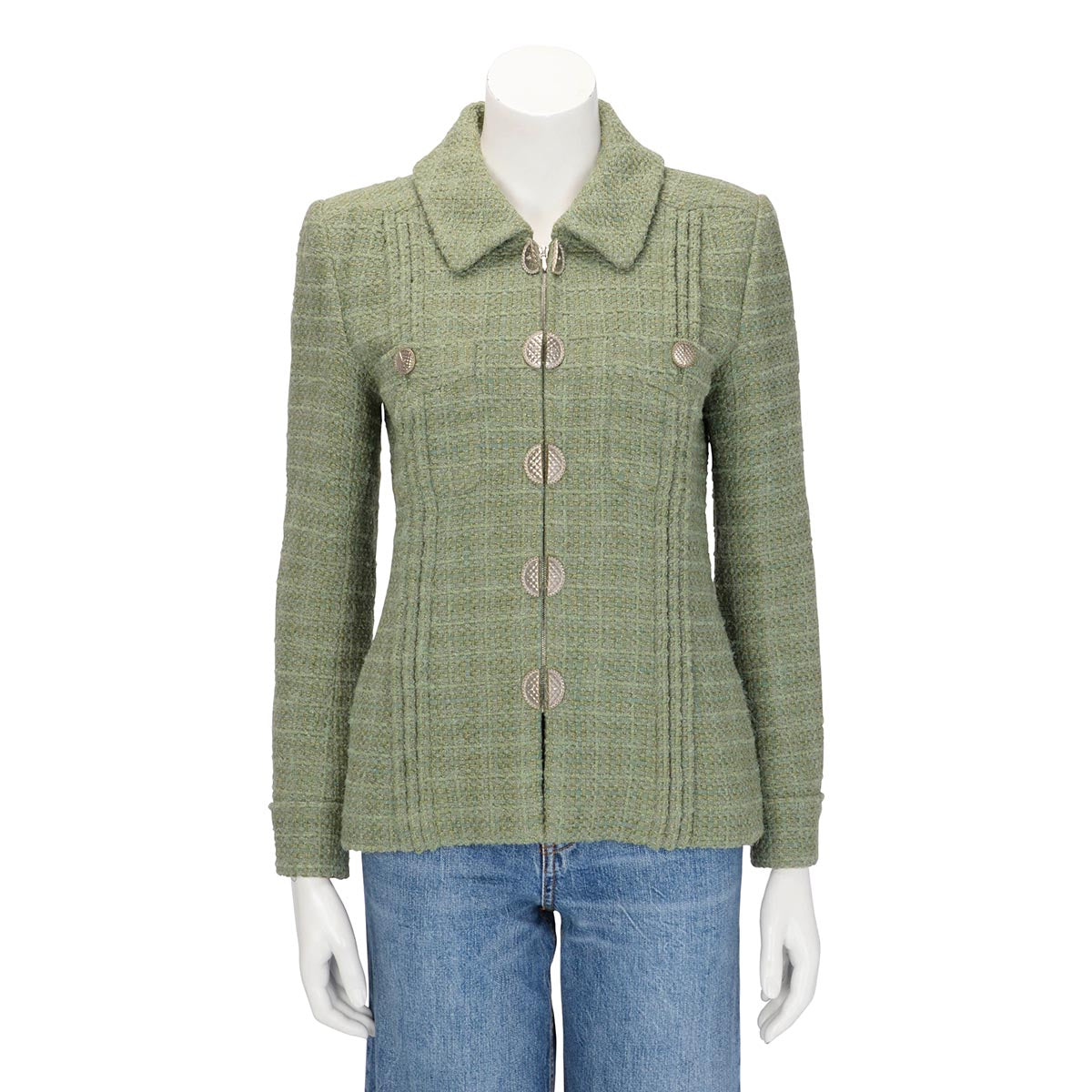 Chanel Sage Green Fantasy Tweed Zip Front Jacket Fr 40