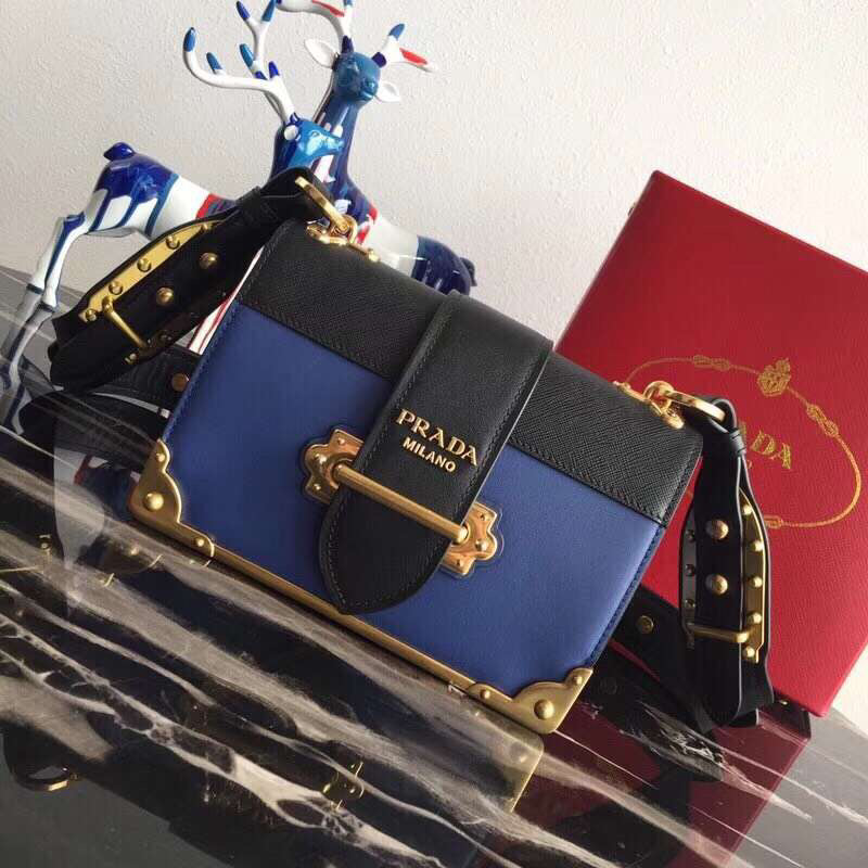 Prada Cahier Shoulder Bag In Leather Black Blue