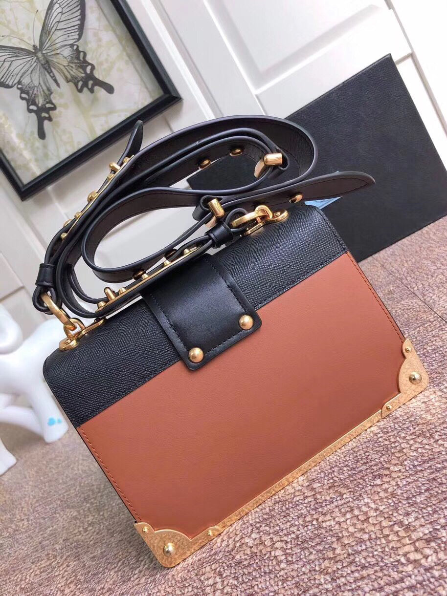 Prada Cahier Shoulder Bag In Leather Black Brown