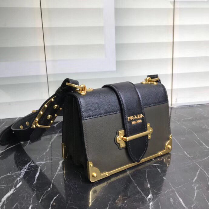 Prada Cahier Shoulder Bag In Leather Black Green