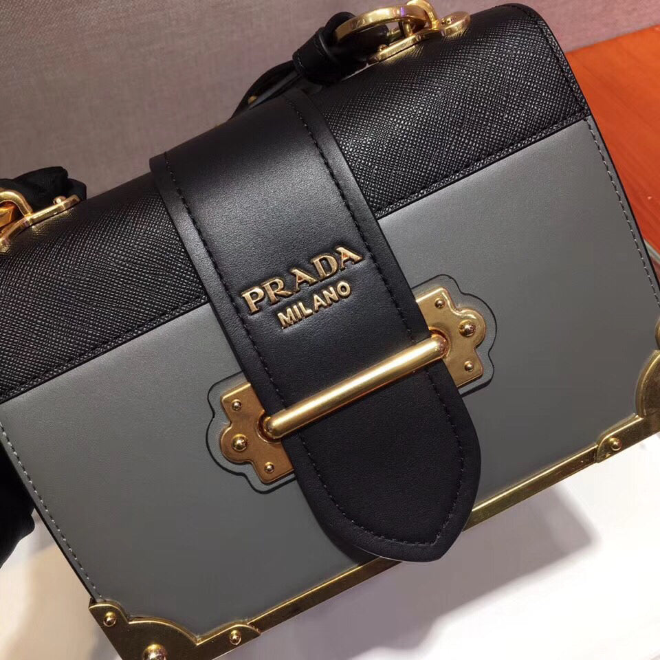 Prada Cahier Shoulder Bag In Grey Leather Black Gray