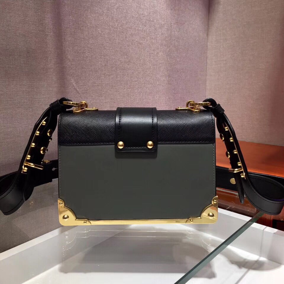 Prada Cahier Shoulder Bag In Grey Leather Black Gray