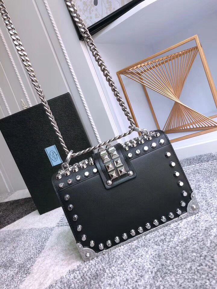 Prada Cahier Studded Shoulder Bag Leather