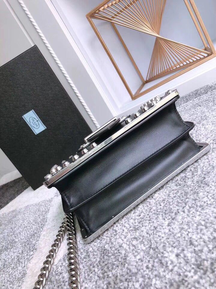 Prada Cahier Studded Shoulder Bag Leather