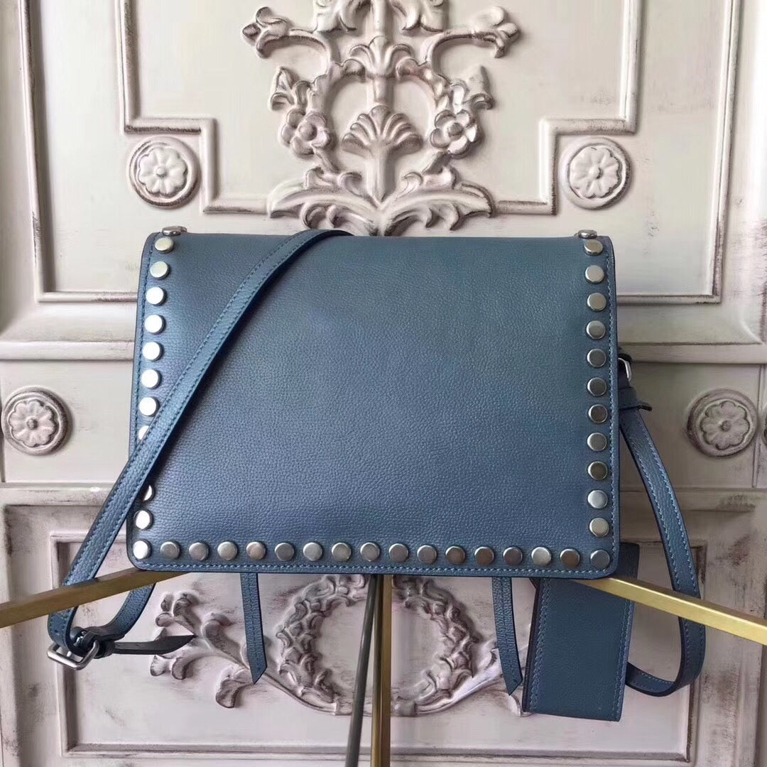 Prada Etiquette Bag In Calfskin With Stud Trim Metal Blue Travel Bag