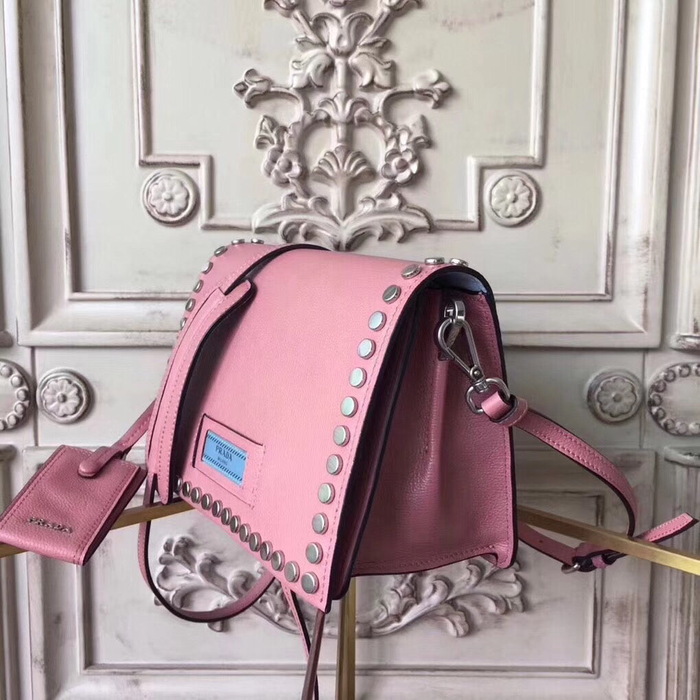 Prada Etiquette Bag In Calfskin With Stud Trim Metal Pink Travel Bag