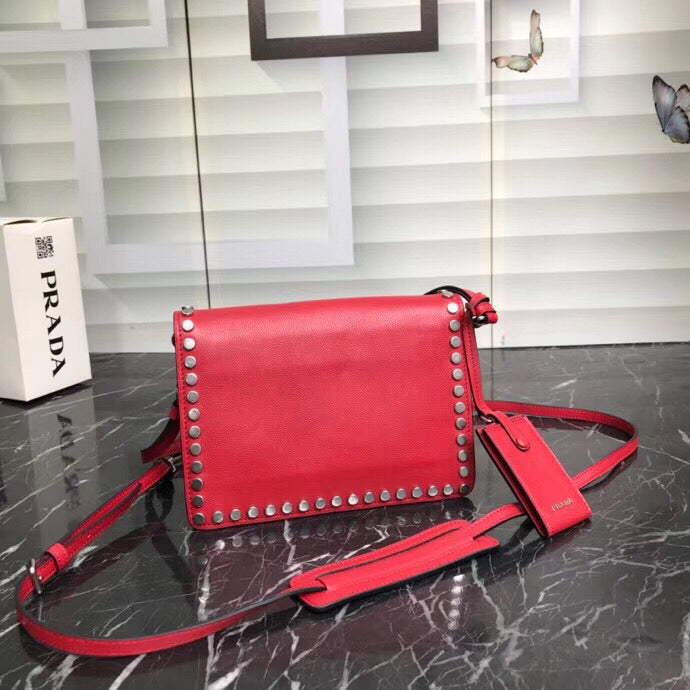 Prada Etiquette Bag In Calfskin With Stud Trim Metal Red Travel Bag