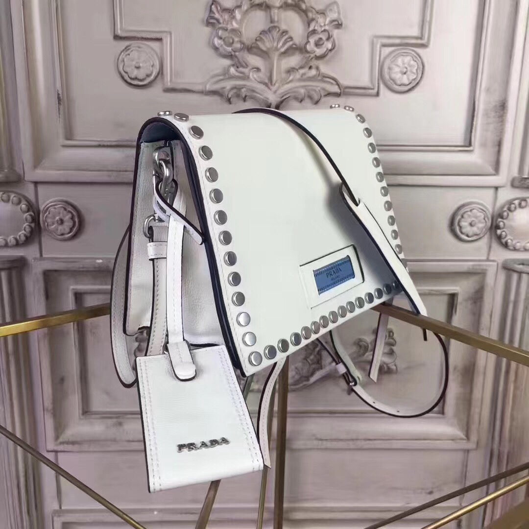 Prada Etiquette Bag In Calfskin With Stud Trim Metal White Travel Bag