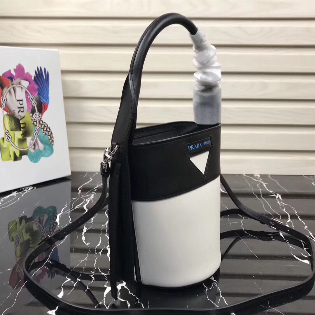 Prada Ouverture Bag Leather Black White Bucket Bag