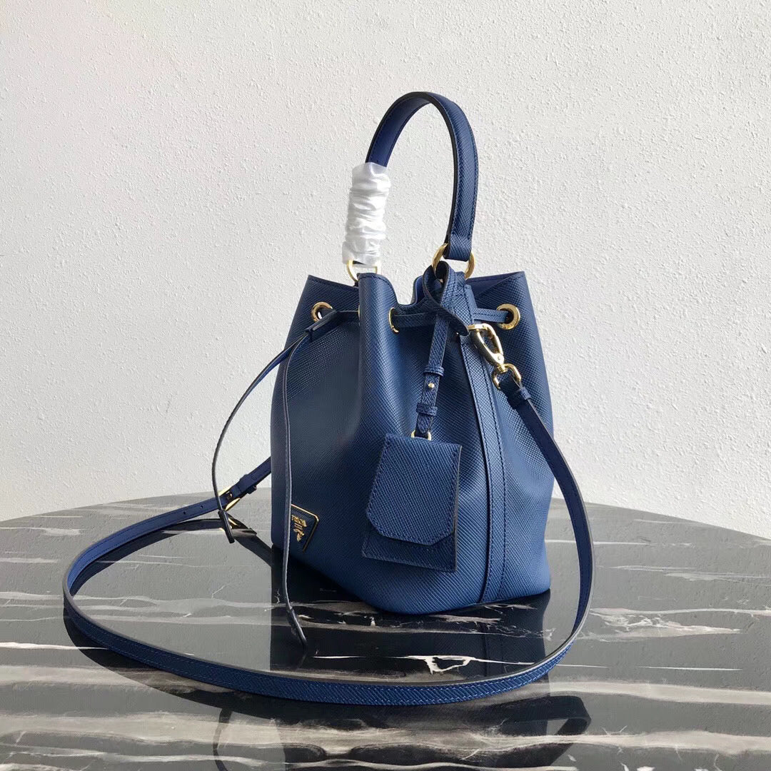 Prada Bag In Leather Saffiano Blue Bucket Bag
