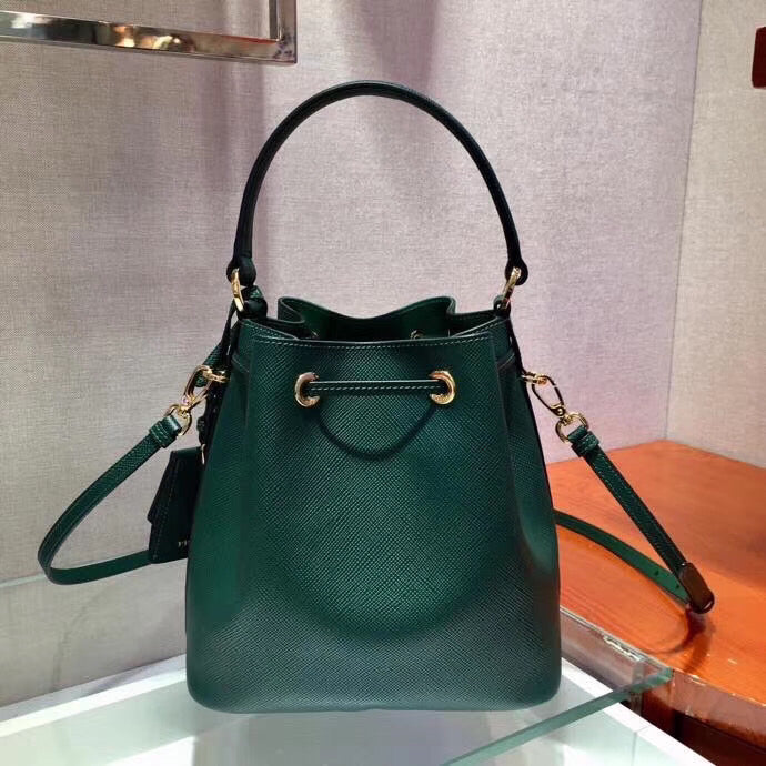 Prada Bag In Leather Saffiano Green Bucket Bag