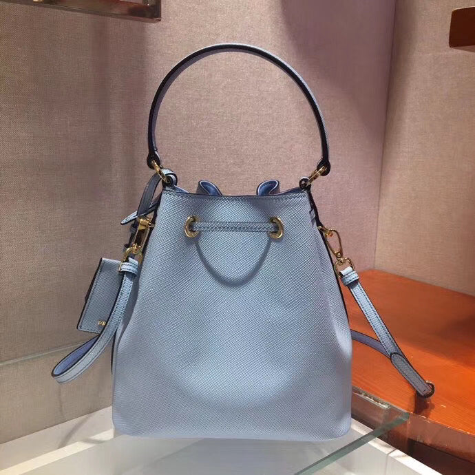 Prada Bag In Light Leather Saffiano Blue Bucket Bag