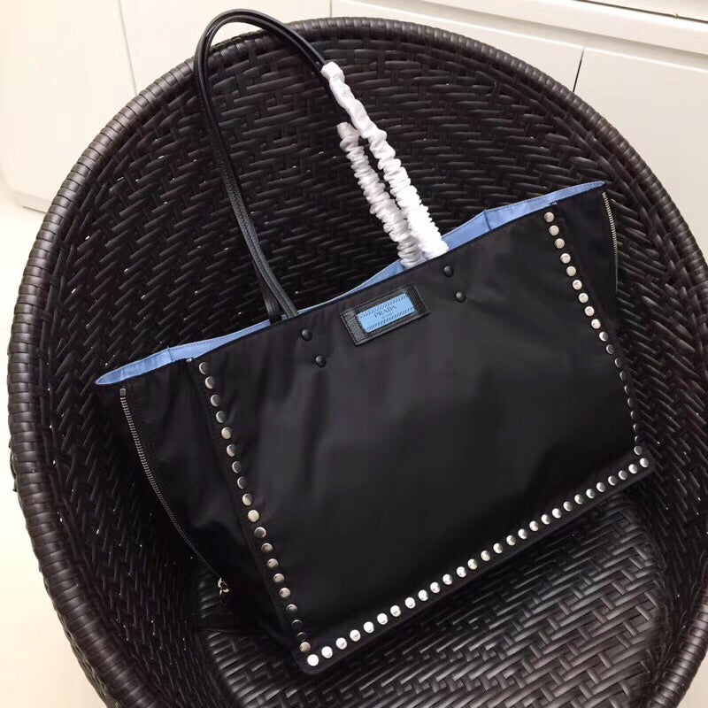 Prada Etiquette Fabric Tote With Stud Trim Metal Black Tote Bag