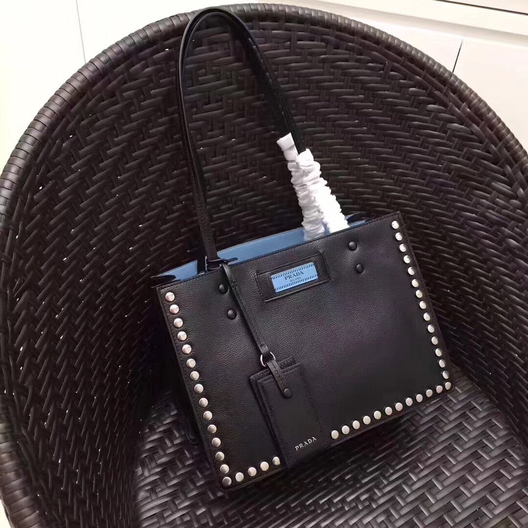 Prada Etiquette Calfskin Tote With Stud Trim Metal Black Tote Bag
