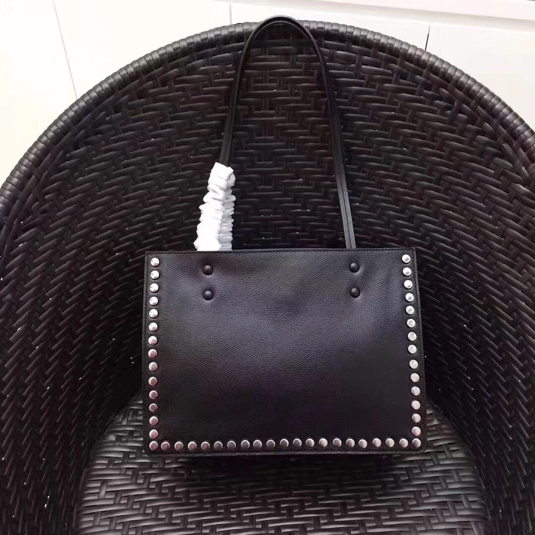 Prada Etiquette Calfskin Tote With Stud Trim Metal Black Tote Bag
