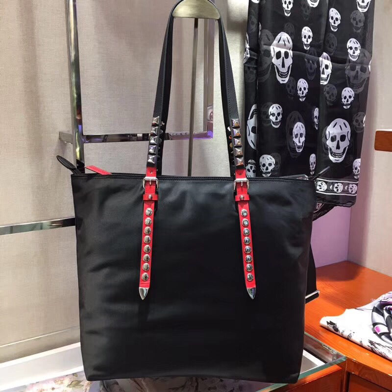 Prada Tote Bag With Studded Handles Nylon Black