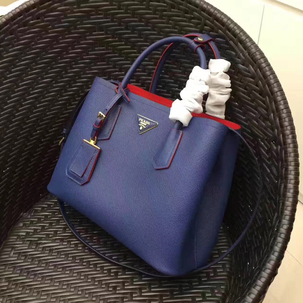 Prada Double Bag Saffiano Blue Medium Travel Bag