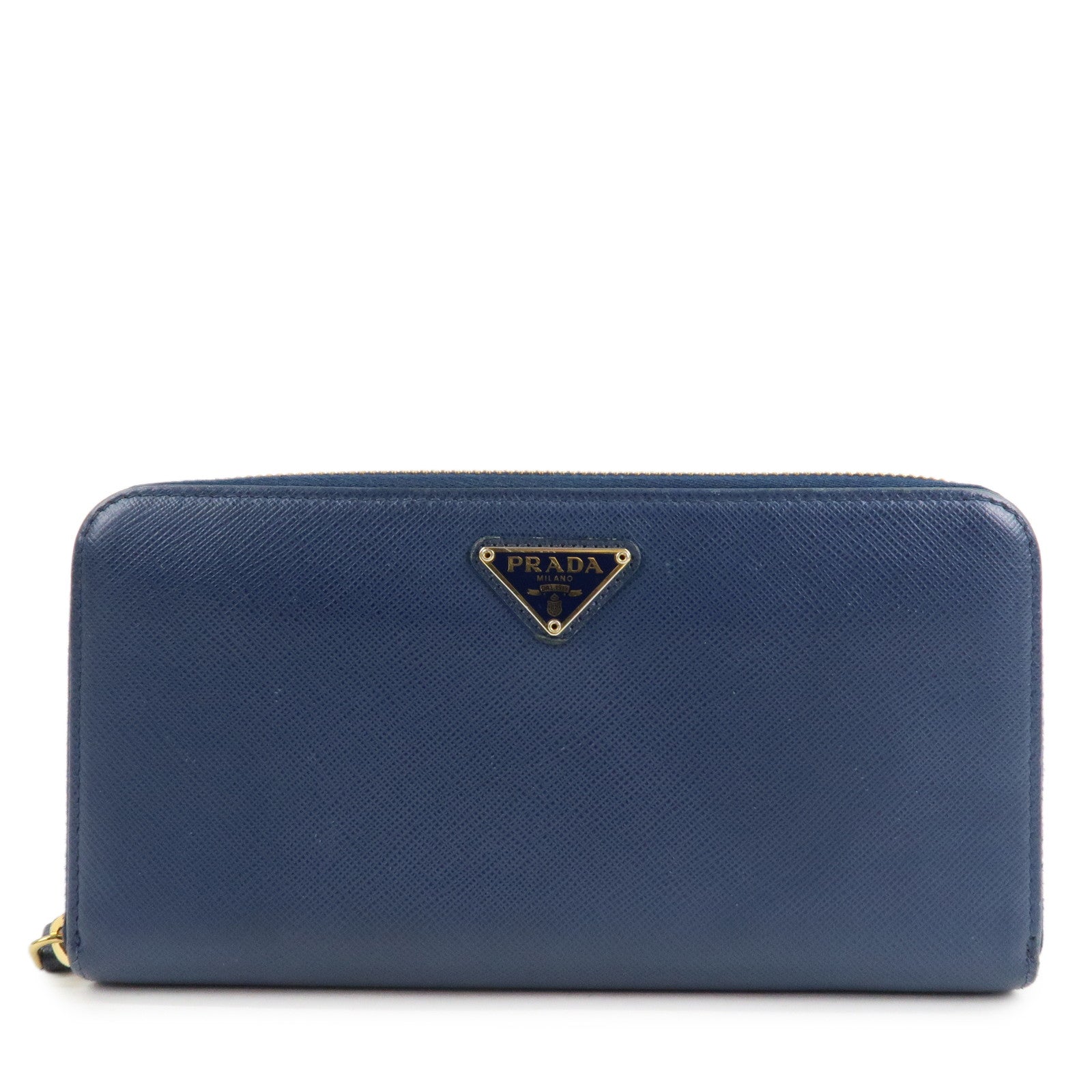 Triangle Zippy Long Wallet Leather Saffiano Navy Handbag