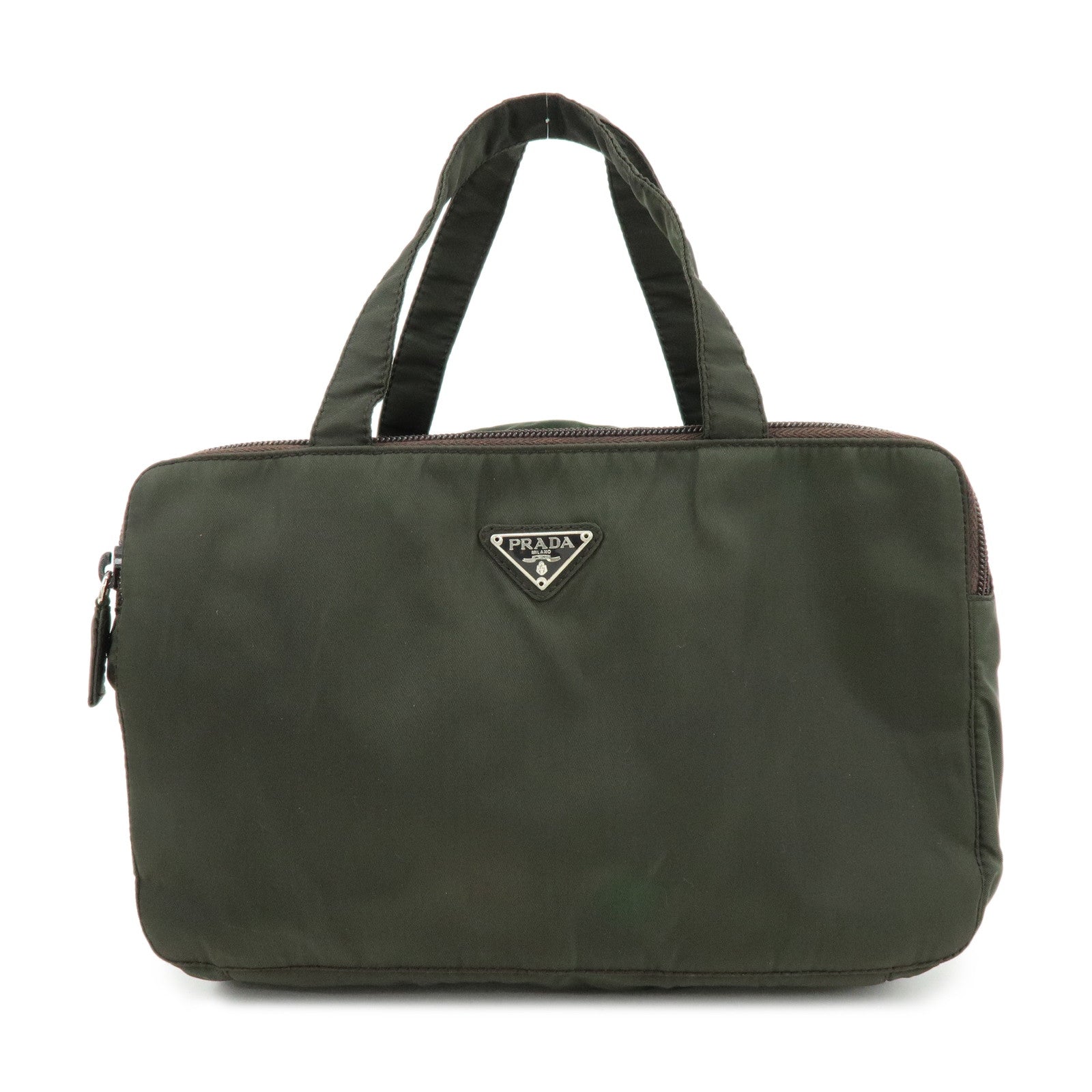 Triangle Hand Bag Cosmetic Case Khaki Leather Nylon Logo Handbag