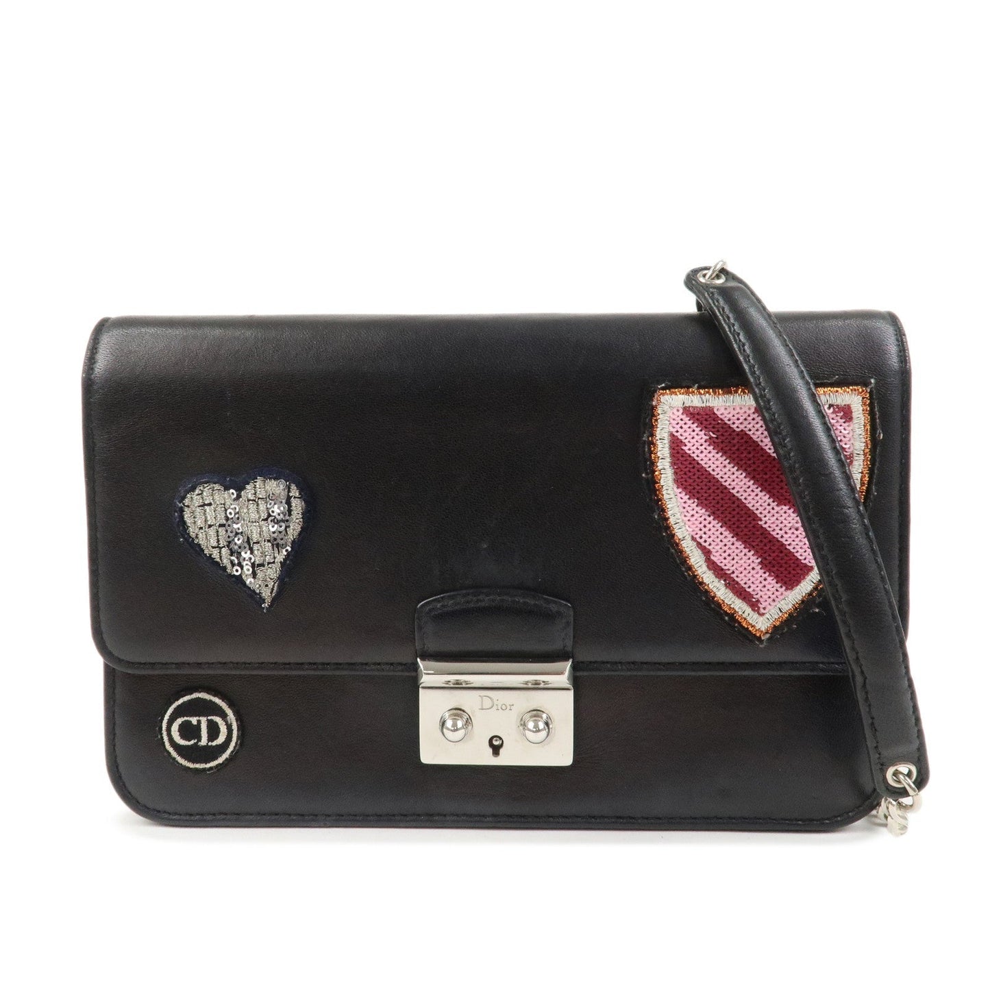 Dior Shoulder Bag Christian Heart Embroidery Leather Black Chain