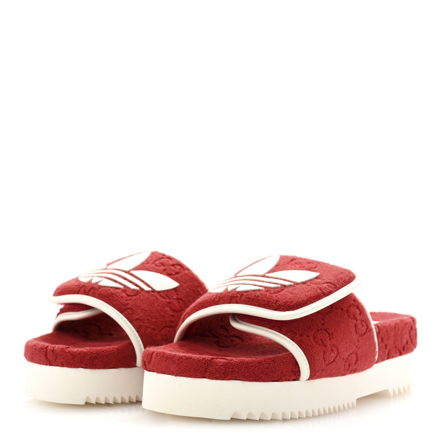 Gucci X ADIDAS Terry Cloth Trefoil GG Monogram Womens Platform Sandals 38 Maple Red Off White