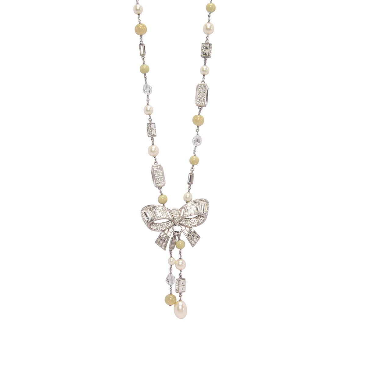 Chanel   Silver Baguette Crystal & Pearl Bow Necklace