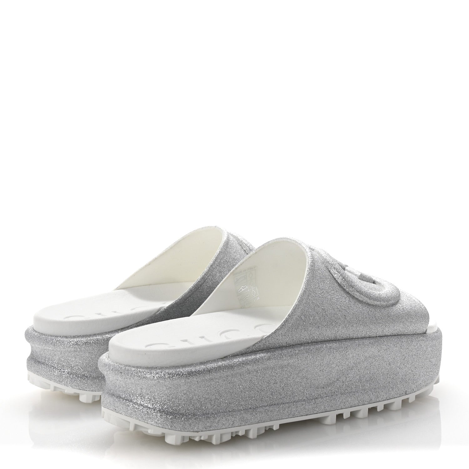 Gucci Glitter Rubber Womens InterLocking G Platform 42mm Slide Sandals 37 Silver