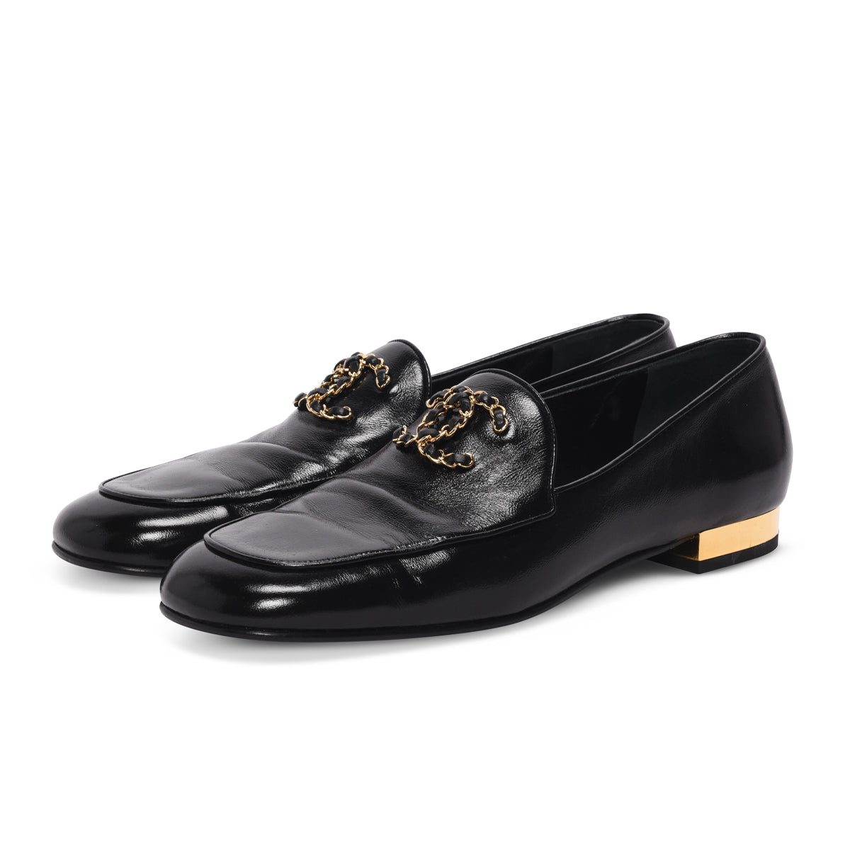 Chanel Black Glazed Goatskin Chain CC Loafers 41 for Women