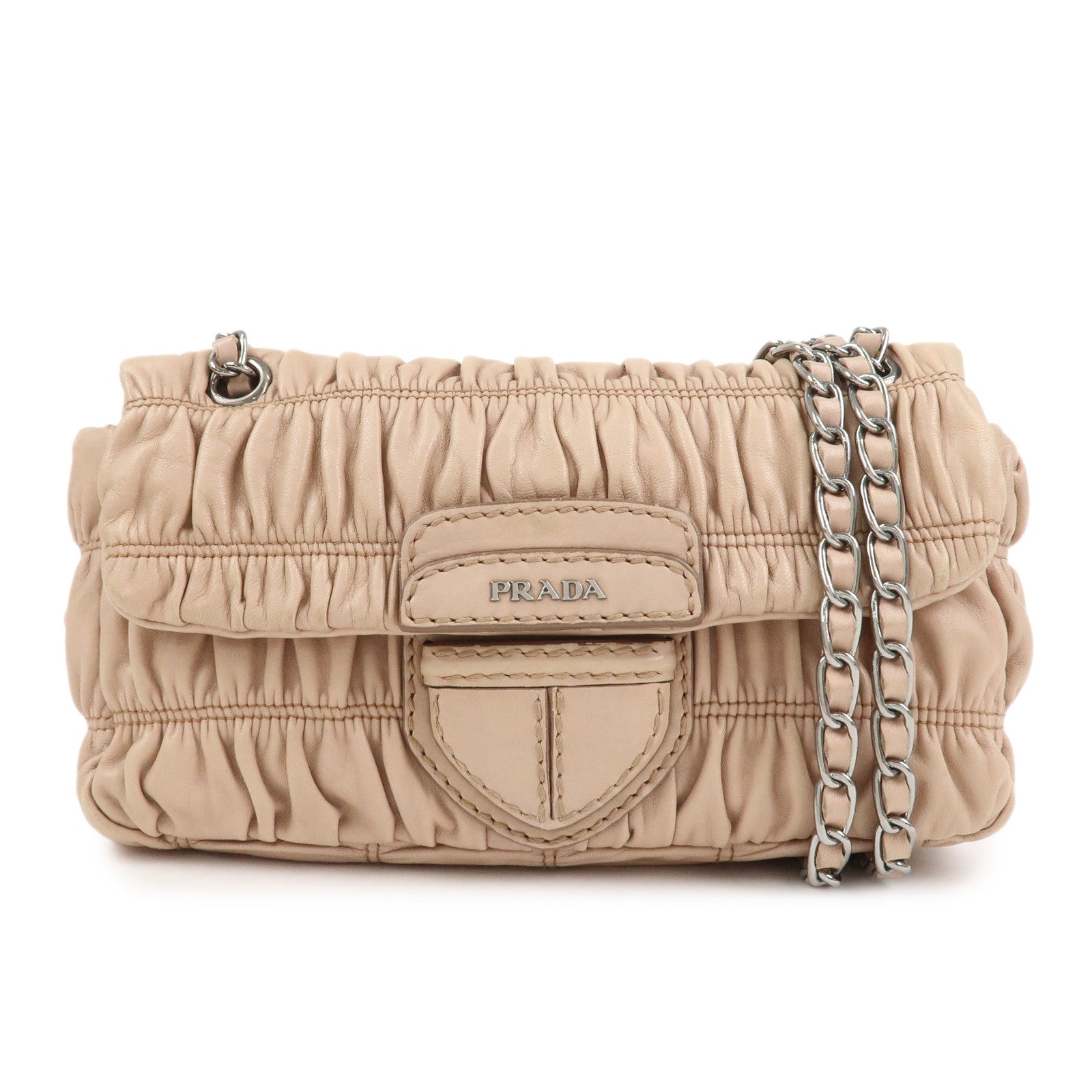 Shoulder Bag Gathered Leather Beige Pink Chain Pink Beige