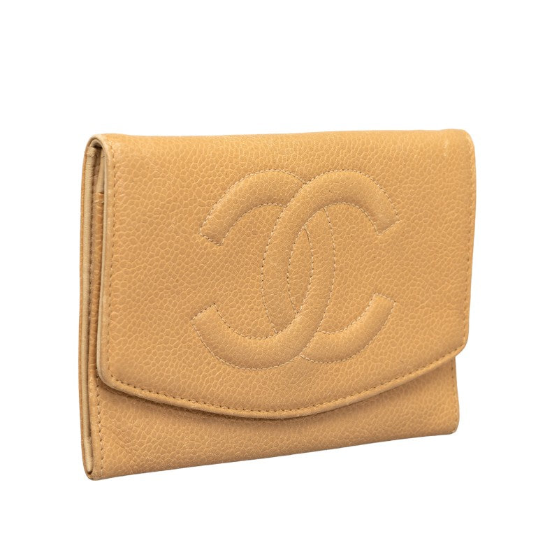 CHANEL two folded wallet cabia skin beige ladies and gentlemen